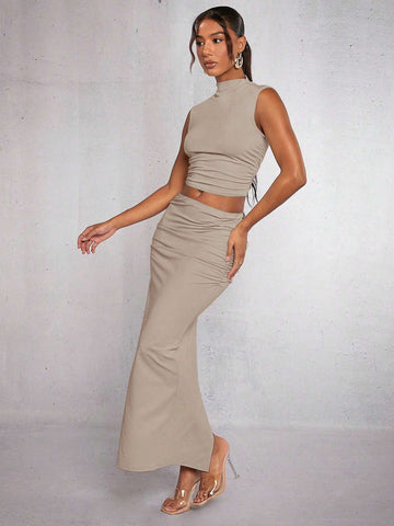 Mock Neck Crop Tank Top & Ruched Skirt shein