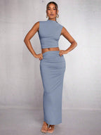 Mock Neck Crop Tank Top & Ruched Skirt shein