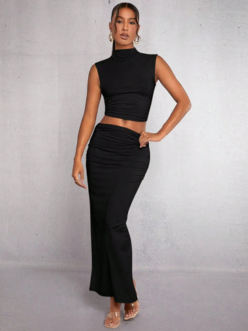 Mock Neck Crop Tank Top & Ruched Skirt shein