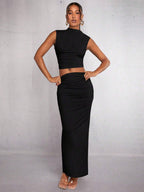 Mock Neck Crop Tank Top & Ruched Skirt shein