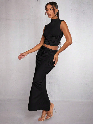Mock Neck Crop Tank Top & Ruched Skirt shein
