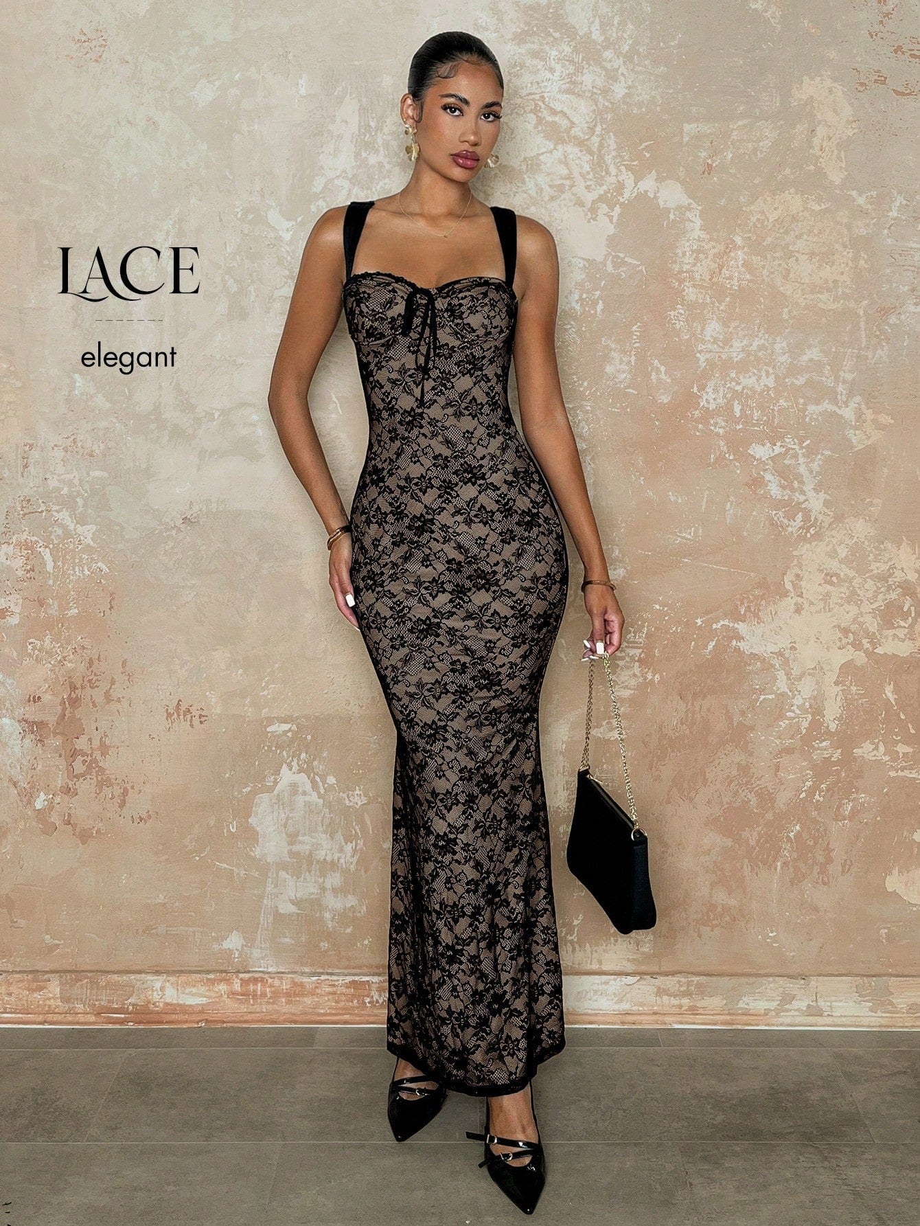 BAE Solid Color Lace Bodycon Elegant Sexy Date Night Camisole Mermaid Dress shein