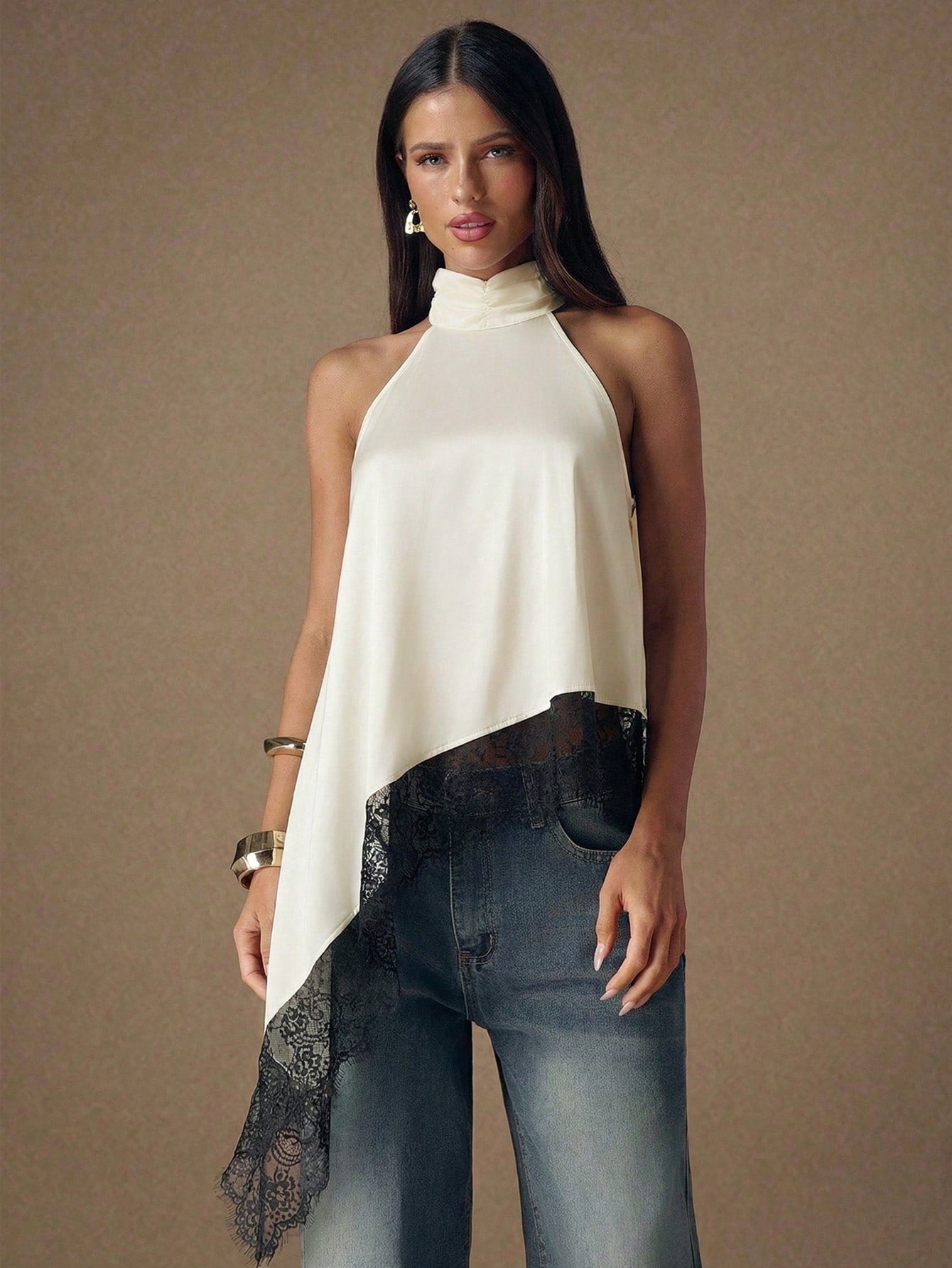 Asymmetrical Hem Lace Patchwork Elegant Halter Neck Top shein