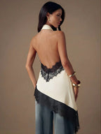 Asymmetrical Hem Lace Patchwork Elegant Halter Neck Top shein
