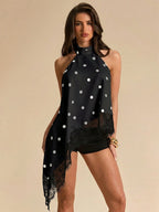 Asymmetrical Hem Lace Patchwork Elegant Halter Neck Top shein