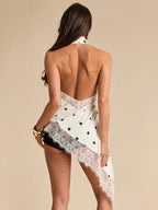Asymmetrical Hem Lace Patchwork Elegant Halter Neck Top shein