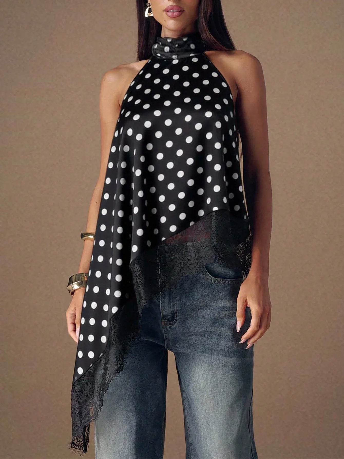 Asymmetrical Hem Lace Patchwork Elegant Halter Neck Top shein