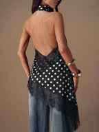 Asymmetrical Hem Lace Patchwork Elegant Halter Neck Top shein