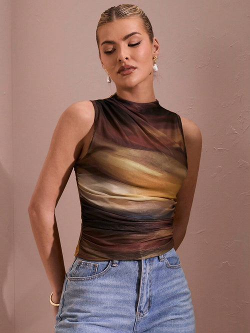 BAE Women Ombre Flower Print Asymmetric Pleated Tank Top shein