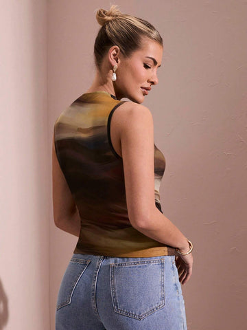 BAE Women Ombre Flower Print Asymmetric Pleated Tank Top