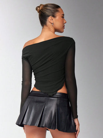 Oblique Shoulder Ruched Asymmetrical Hem Mesh Panel Long Sleeve T-Shirt