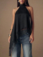 Asymmetrical Hem Lace Patchwork Elegant Halter Neck Top shein
