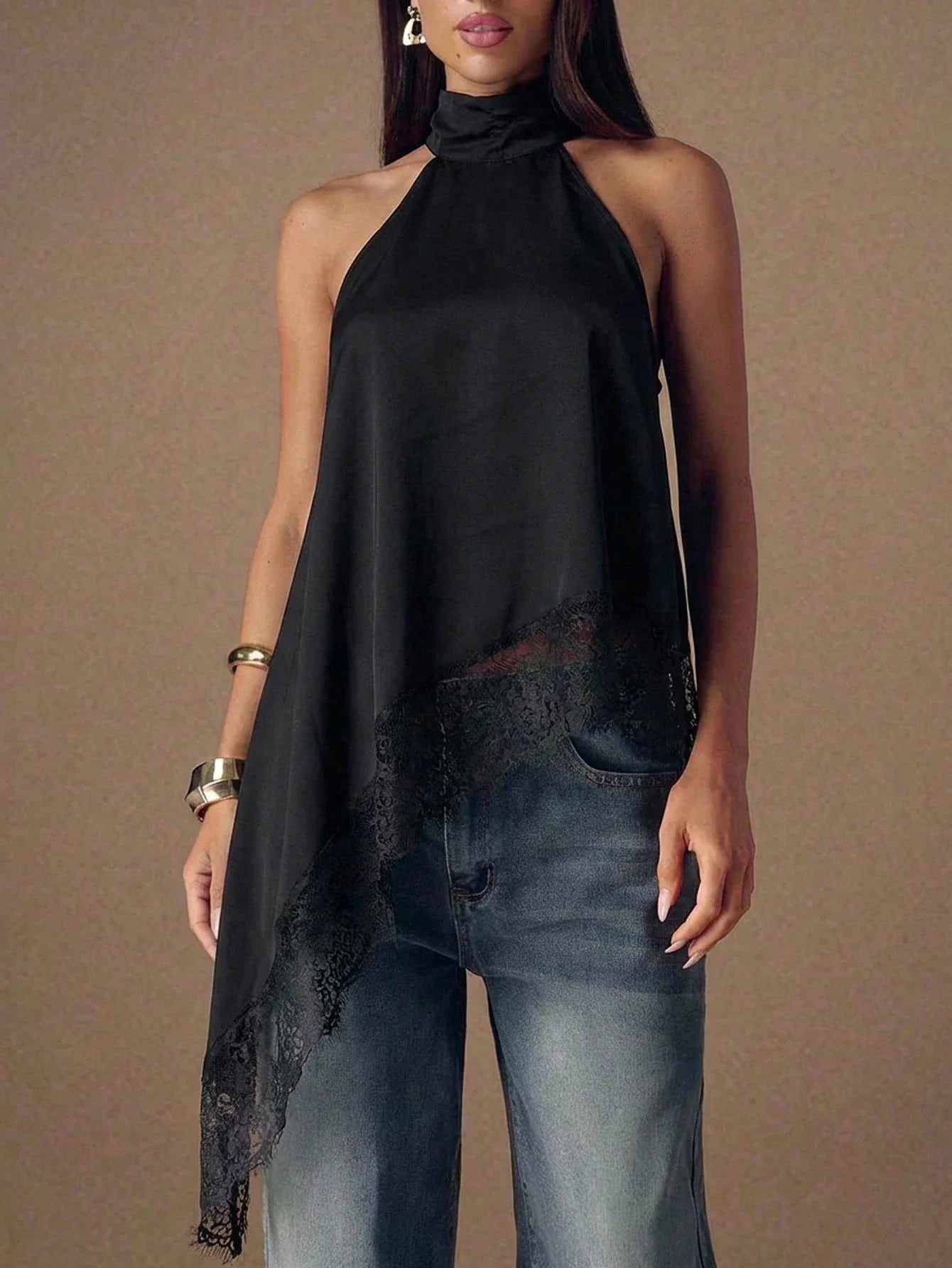 Asymmetrical Hem Lace Patchwork Elegant Halter Neck Top shein