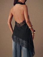 Asymmetrical Hem Lace Patchwork Elegant Halter Neck Top shein