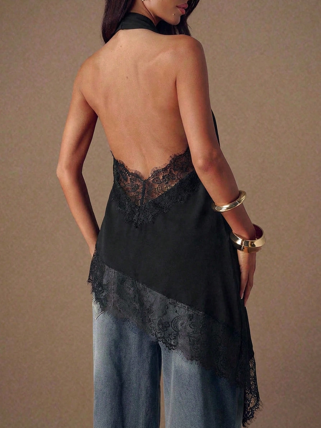 Asymmetrical Hem Lace Patchwork Elegant Halter Neck Top shein