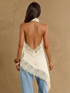 Asymmetrical Hem Lace Patchwork Elegant Halter Neck Top shein
