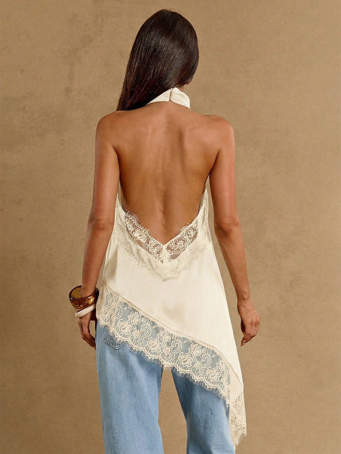 Asymmetrical Hem Lace Patchwork Elegant Halter Neck Top shein