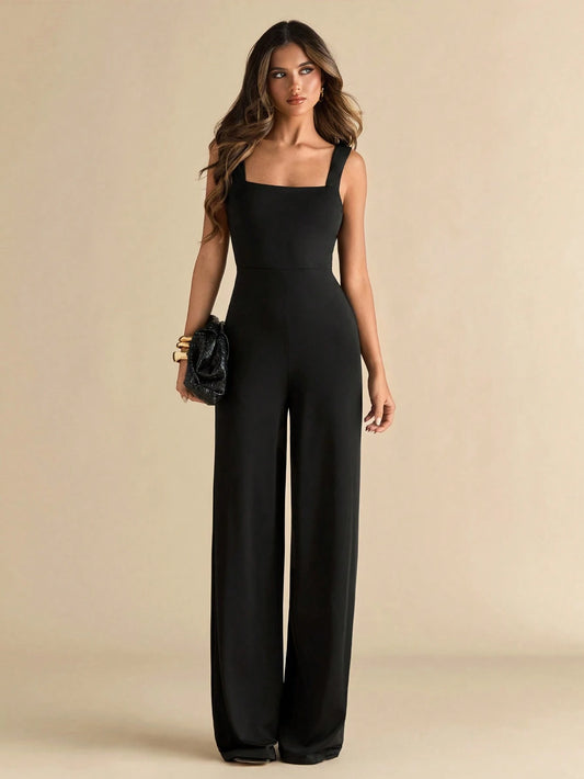 Women's Elegant Sexy Solid Black Spaghetti Strap Wide Leg Jumpsuit