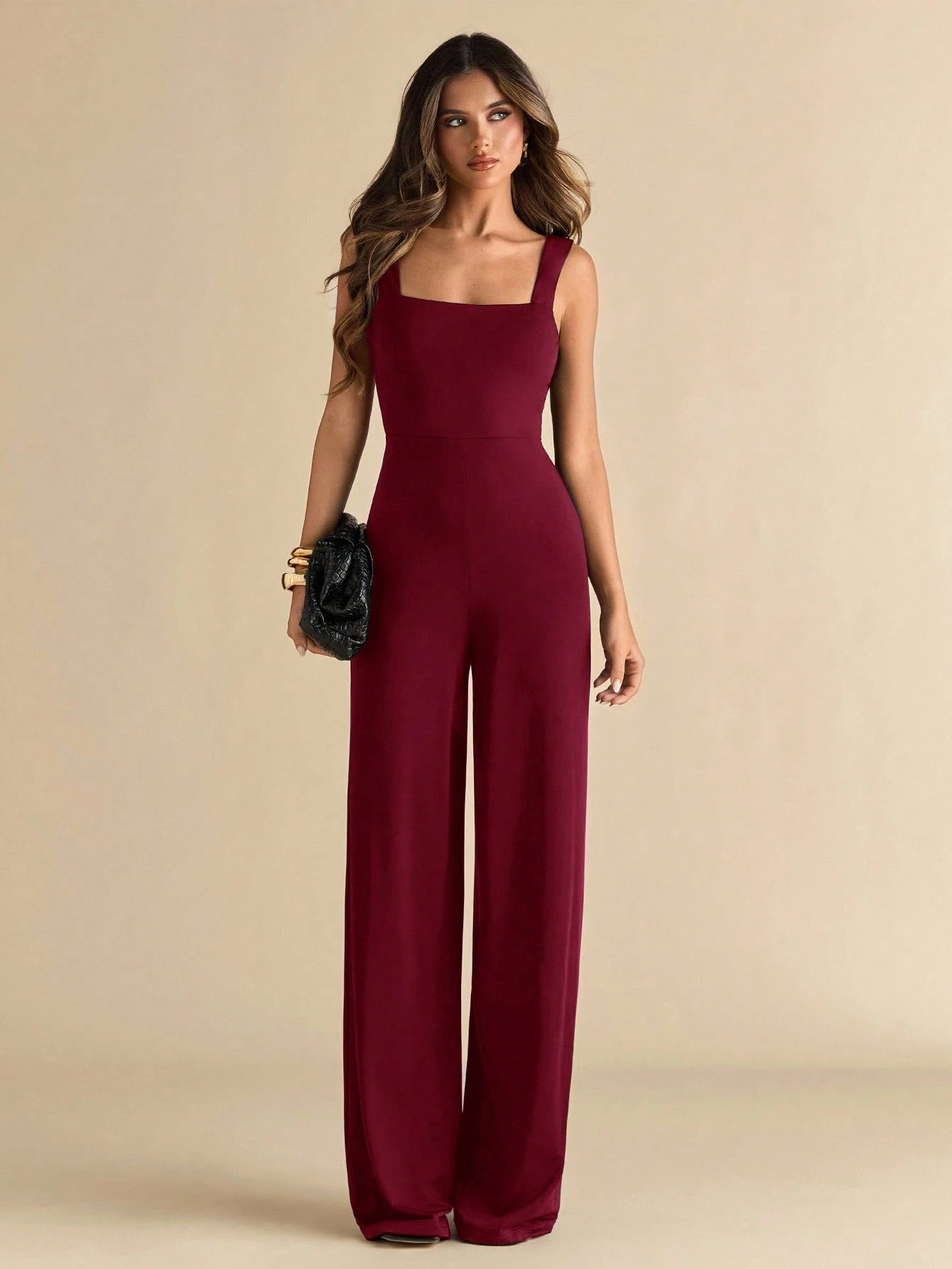 Women's Elegant Sexy Solid Black Spaghetti Strap Wide Leg Jumpsuit