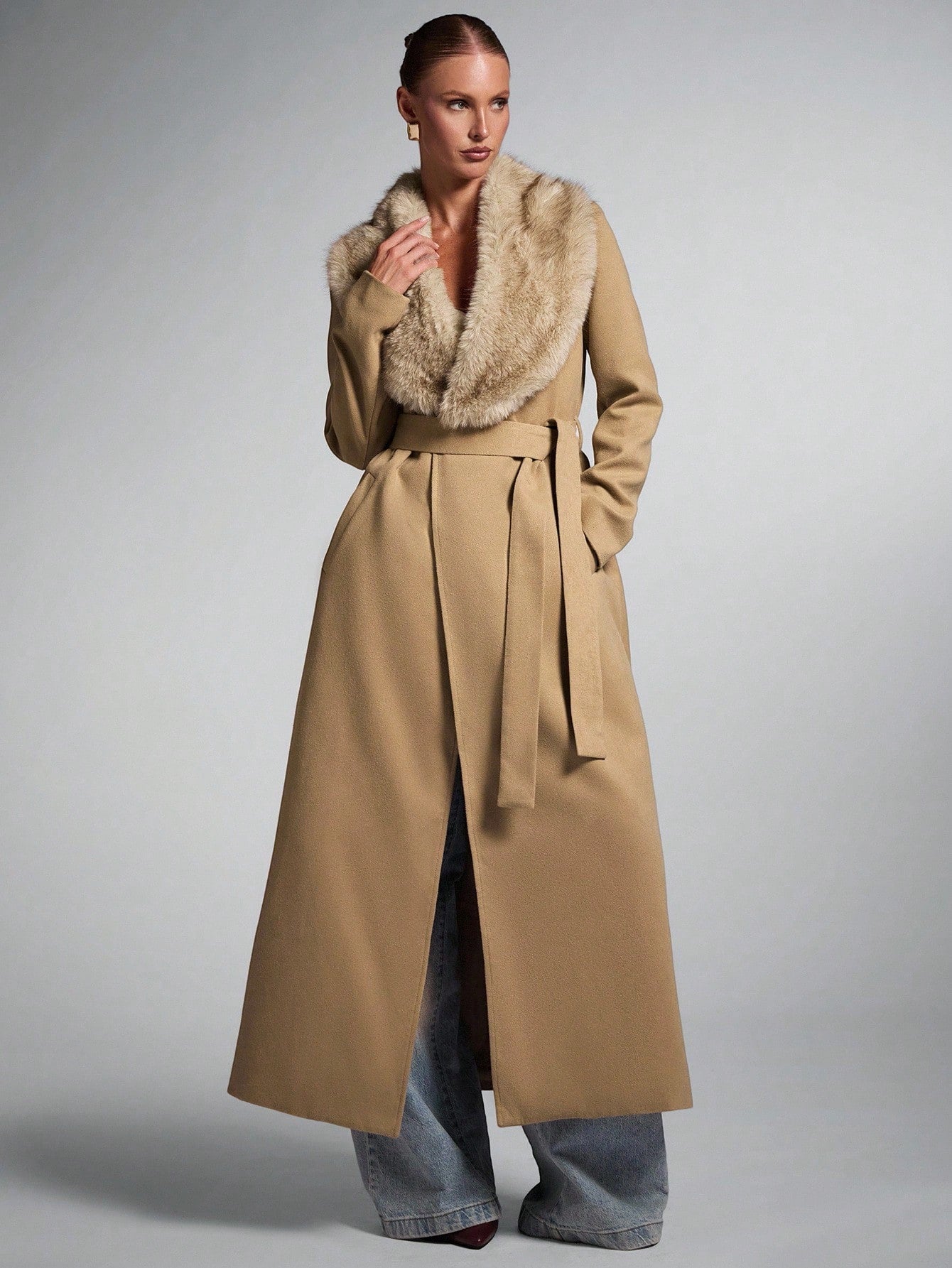 Women's Solid Color Fluffy Shawl Collar Long Sleeve Long Elegant Wool Blend Coat shein