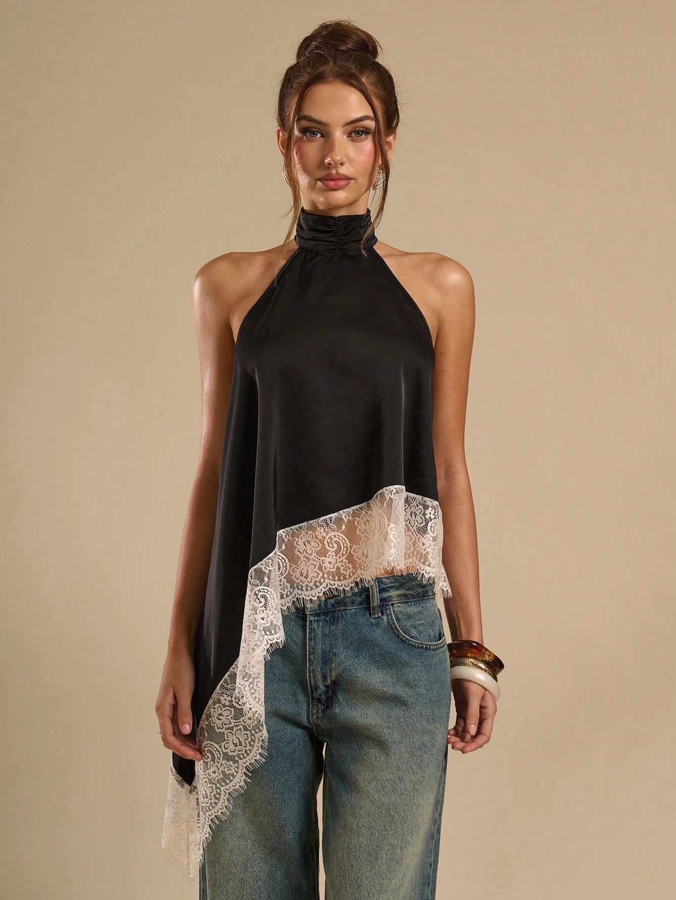 Asymmetrical Hem Lace Patchwork Elegant Halter Neck Top shein