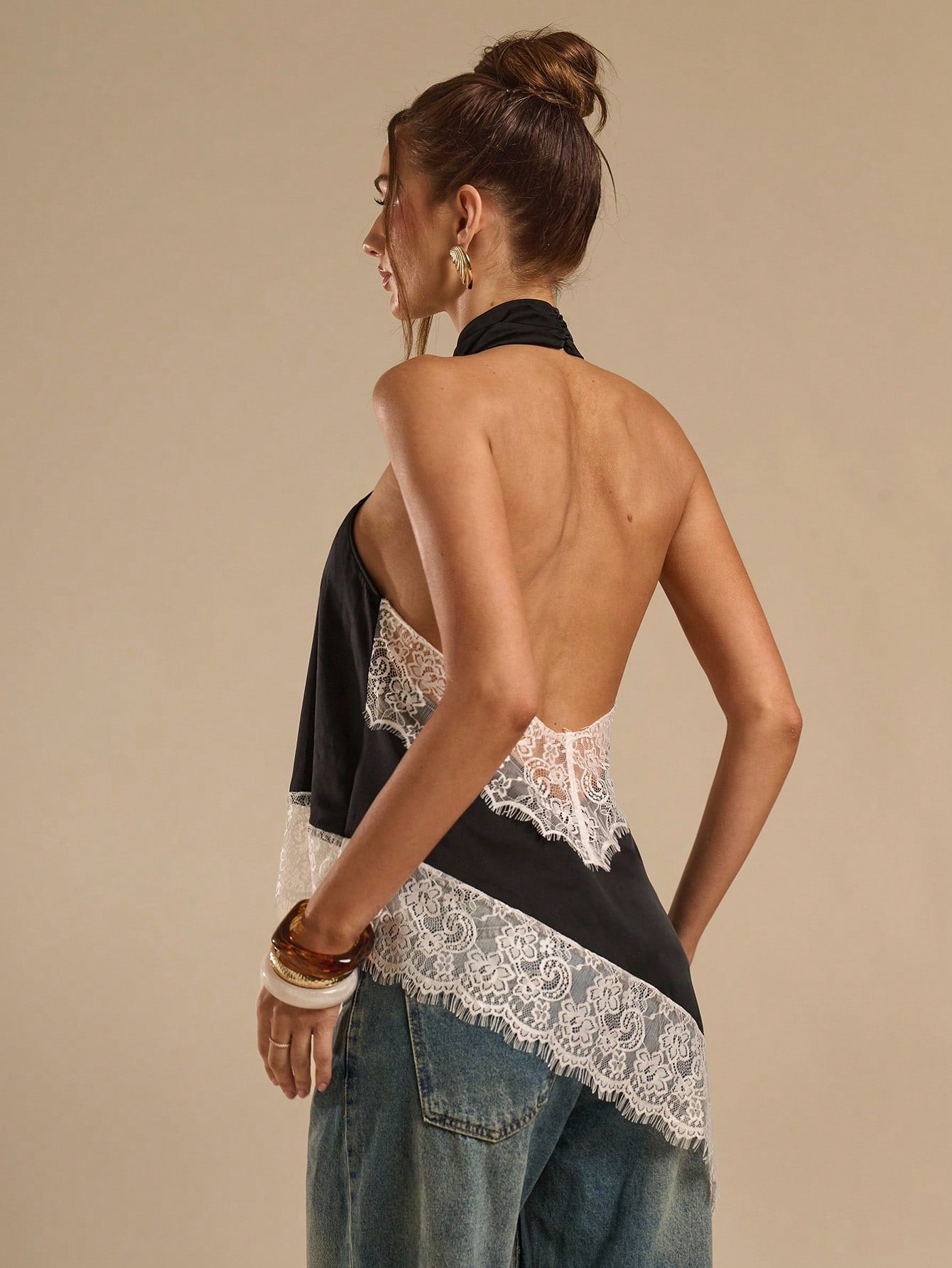 Asymmetrical Hem Lace Patchwork Elegant Halter Neck Top shein