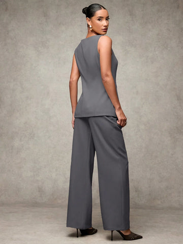 BAE Women's Solid Color Round Neck Single-Breasted Vest And Pants