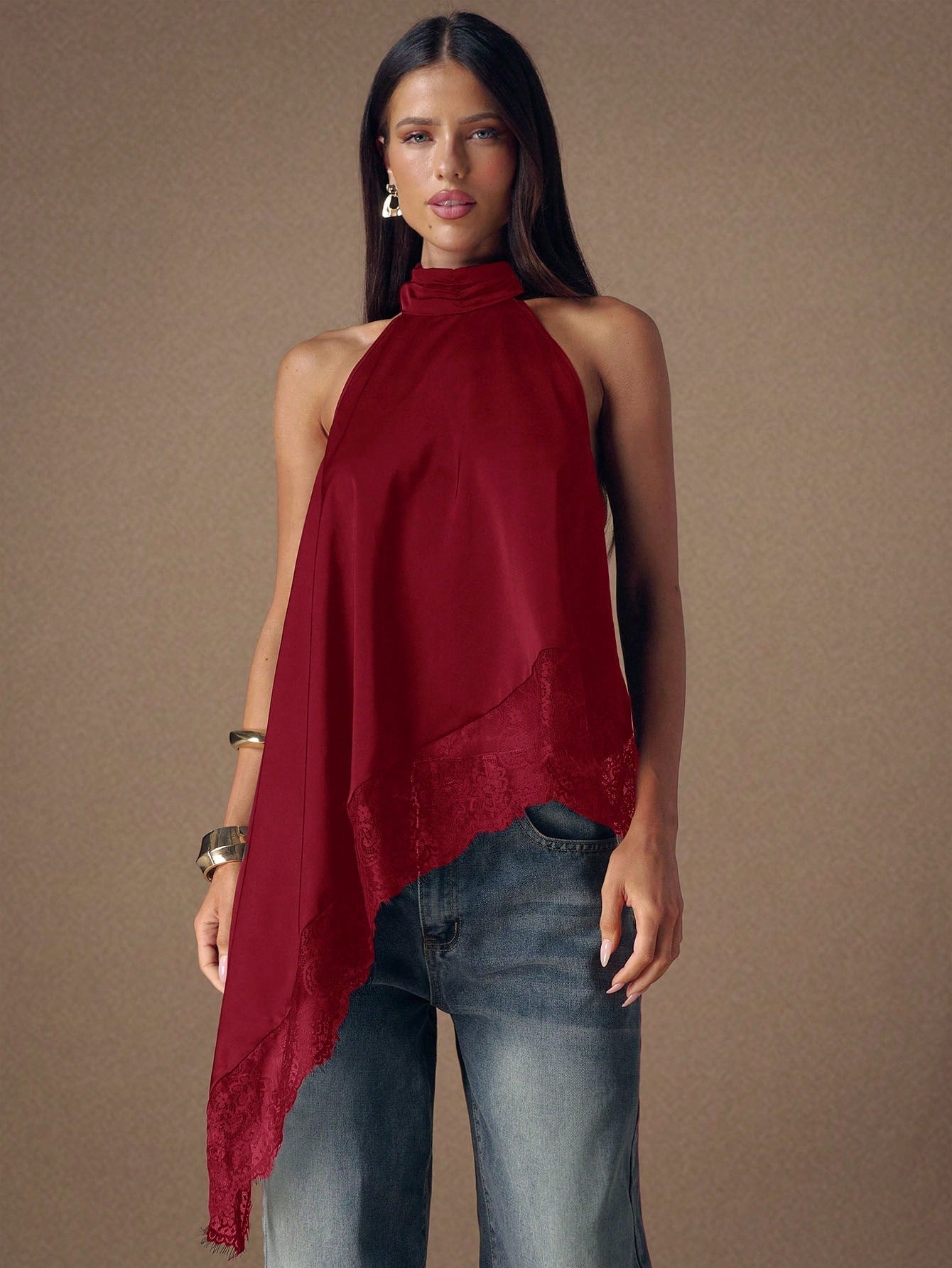 Asymmetrical Hem Lace Patchwork Elegant Halter Neck Top shein