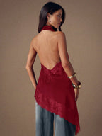 Asymmetrical Hem Lace Patchwork Elegant Halter Neck Top shein