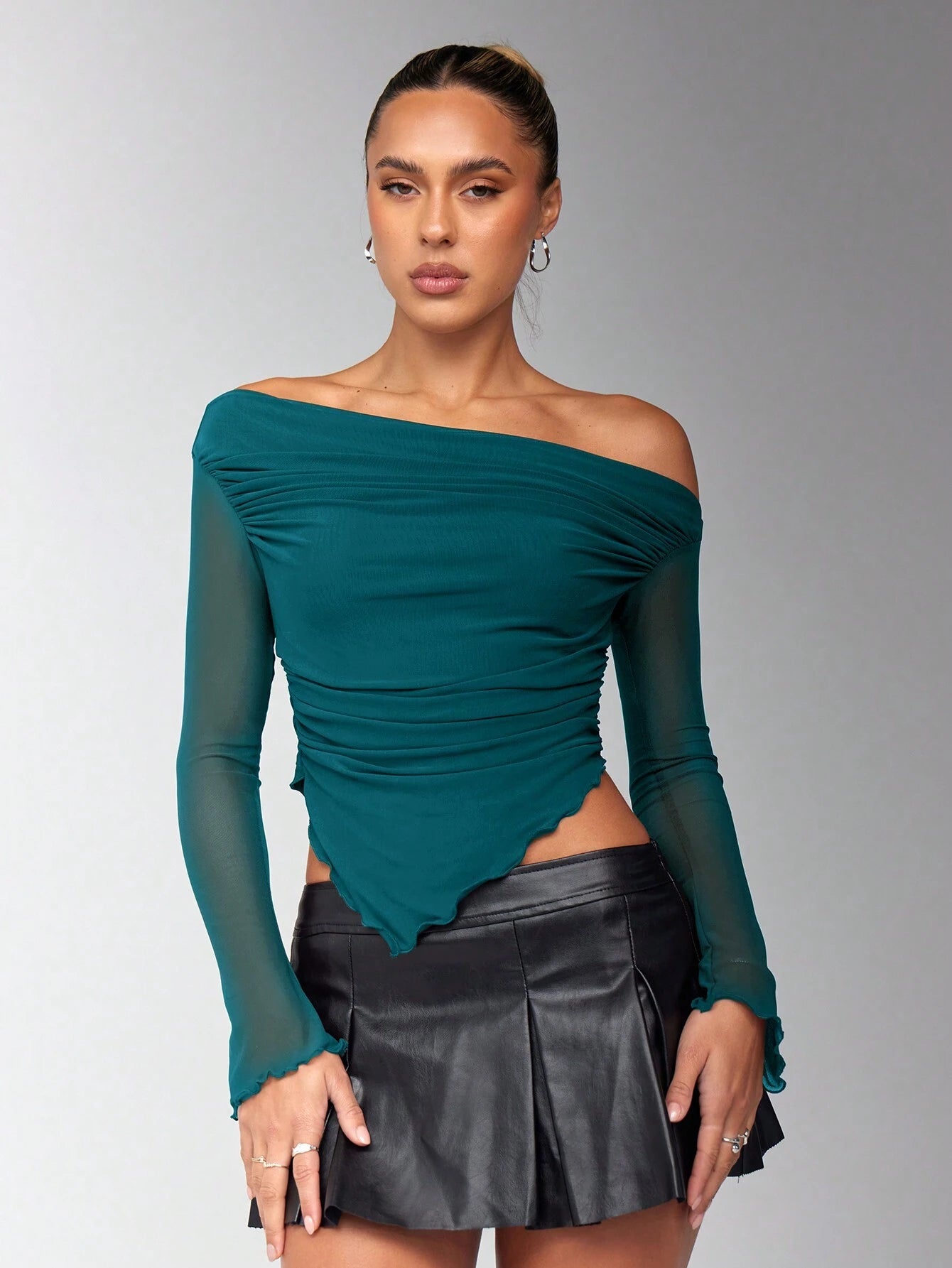 Oblique Shoulder Ruched Asymmetrical Hem Mesh Panel Long Sleeve T-Shirt