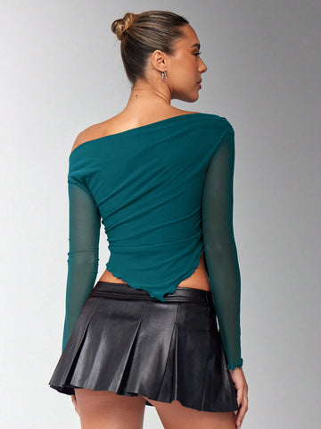 Oblique Shoulder Ruched Asymmetrical Hem Mesh Panel Long Sleeve T-Shirt