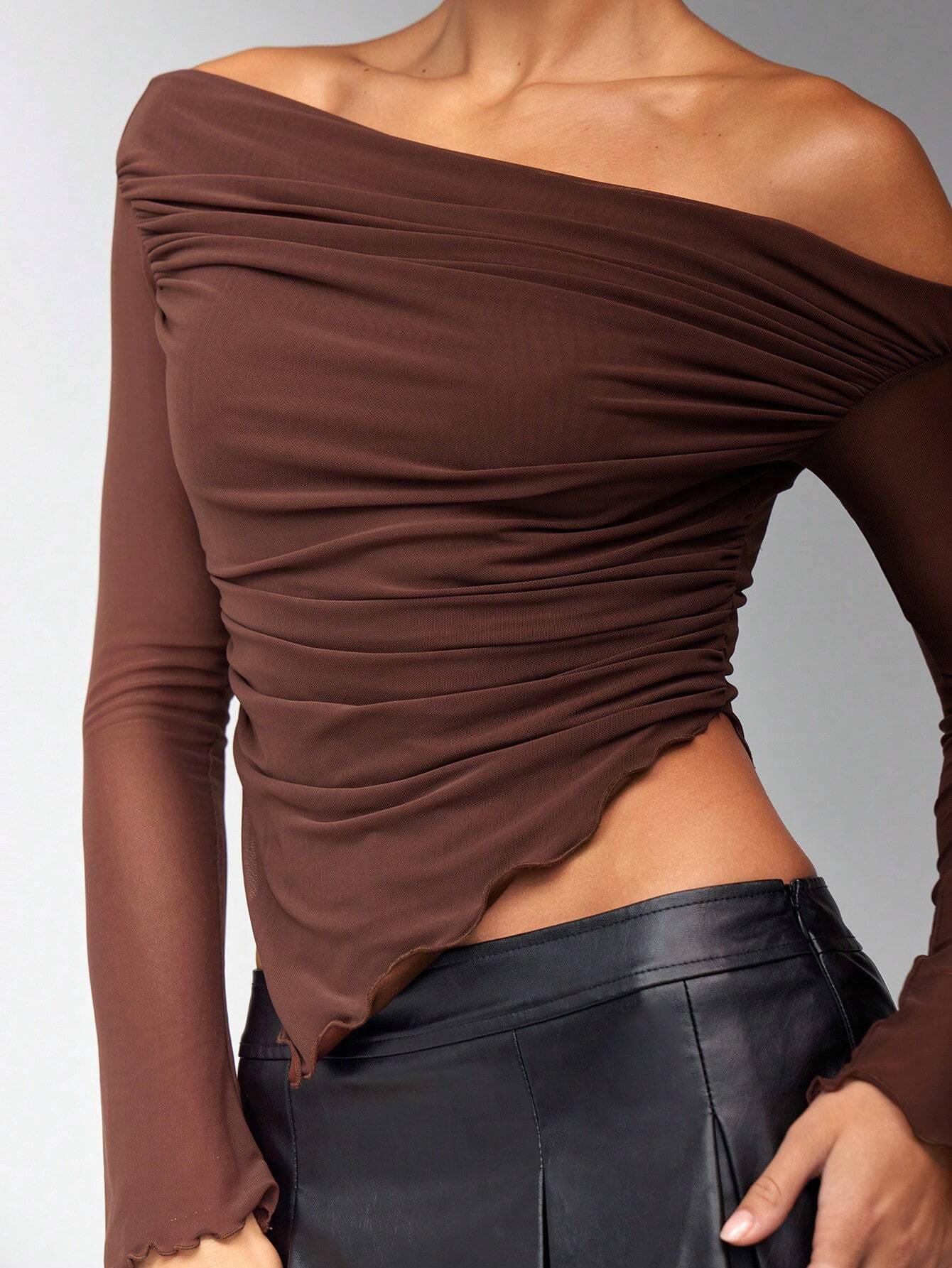 Oblique Shoulder Ruched Asymmetrical Hem Mesh Panel Long Sleeve T-Shirt