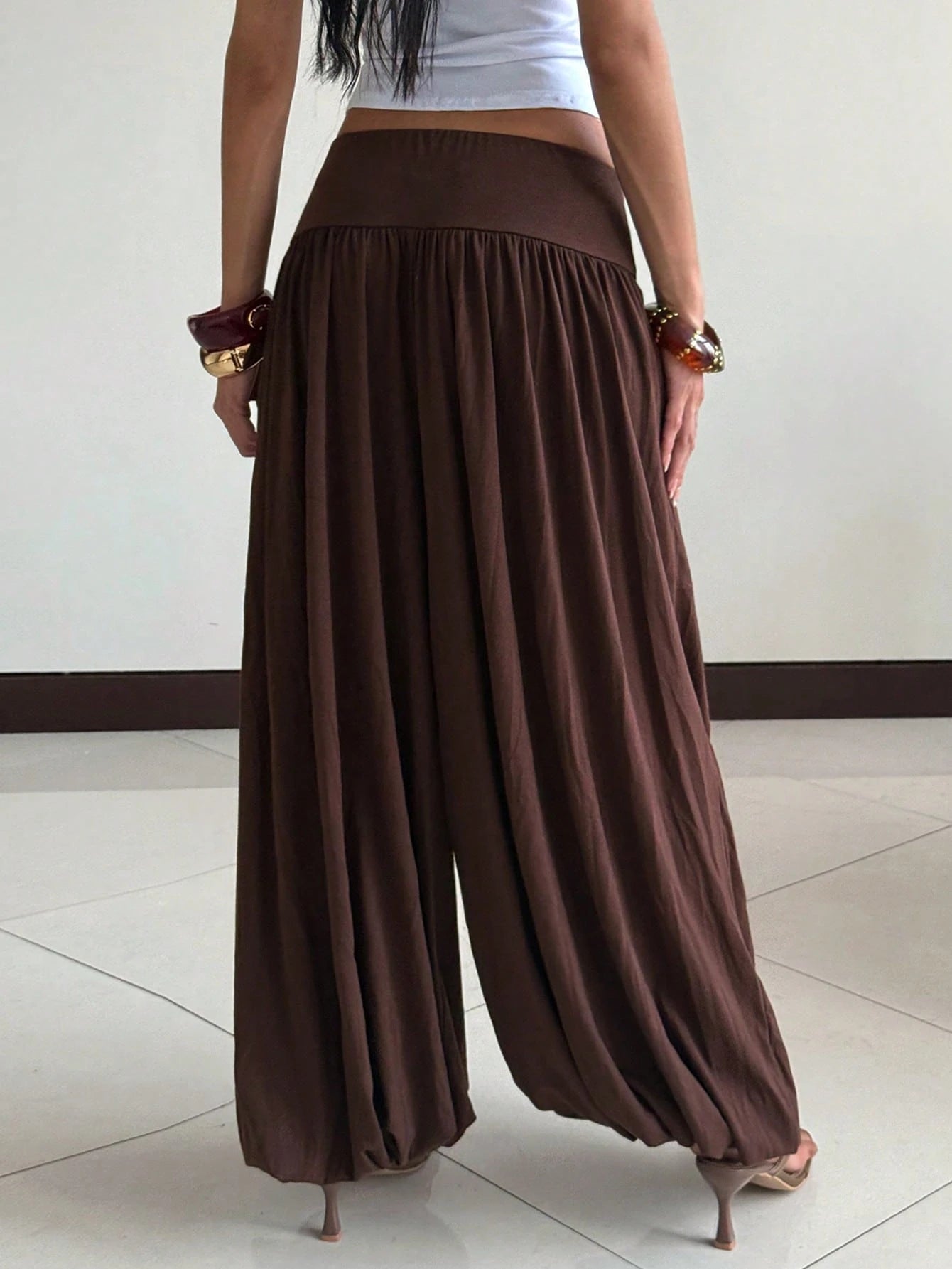 Women's Solid Color Elastic Waist Pleated Casual Versatile Daily Lantern Pants