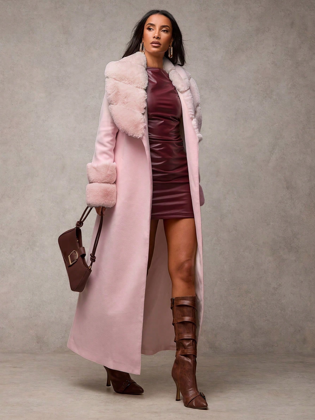 Women's Solid Color Fluffy Shawl Collar Long Sleeve Long Elegant Wool Blend Coat shein