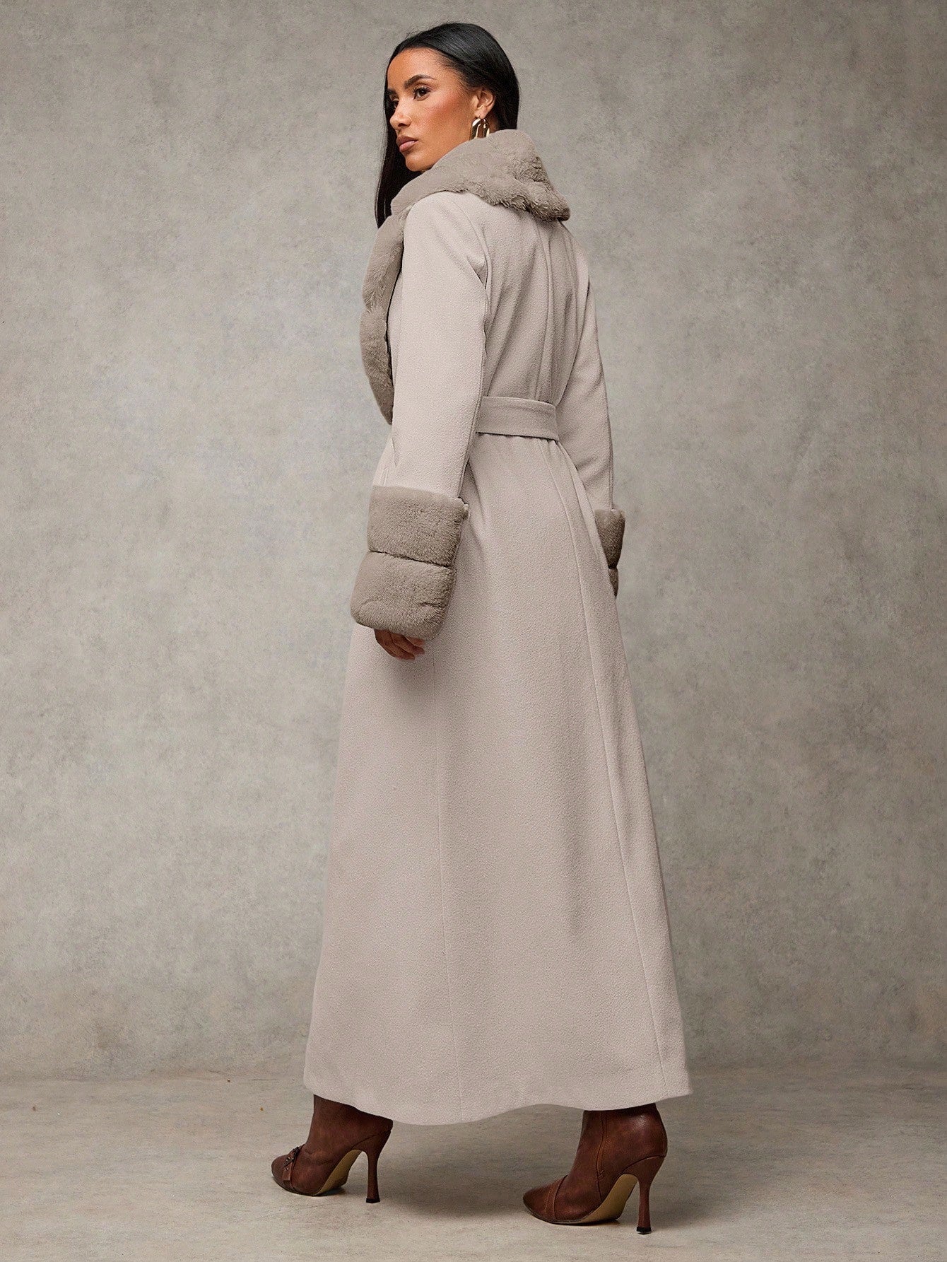 Women's Solid Color Fluffy Shawl Collar Long Sleeve Long Elegant Wool Blend Coat shein