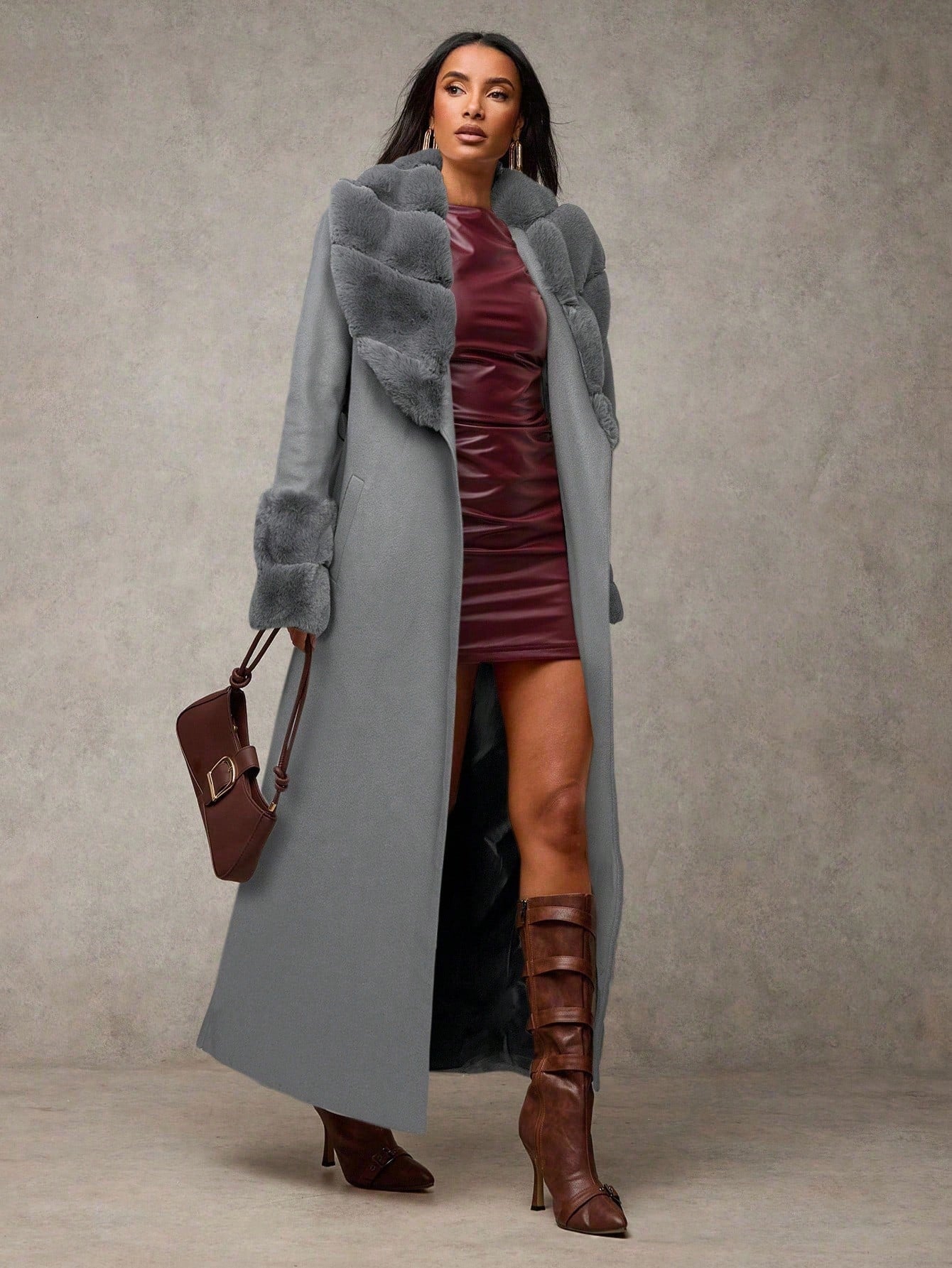 Women's Solid Color Fluffy Shawl Collar Long Sleeve Long Elegant Wool Blend Coat shein