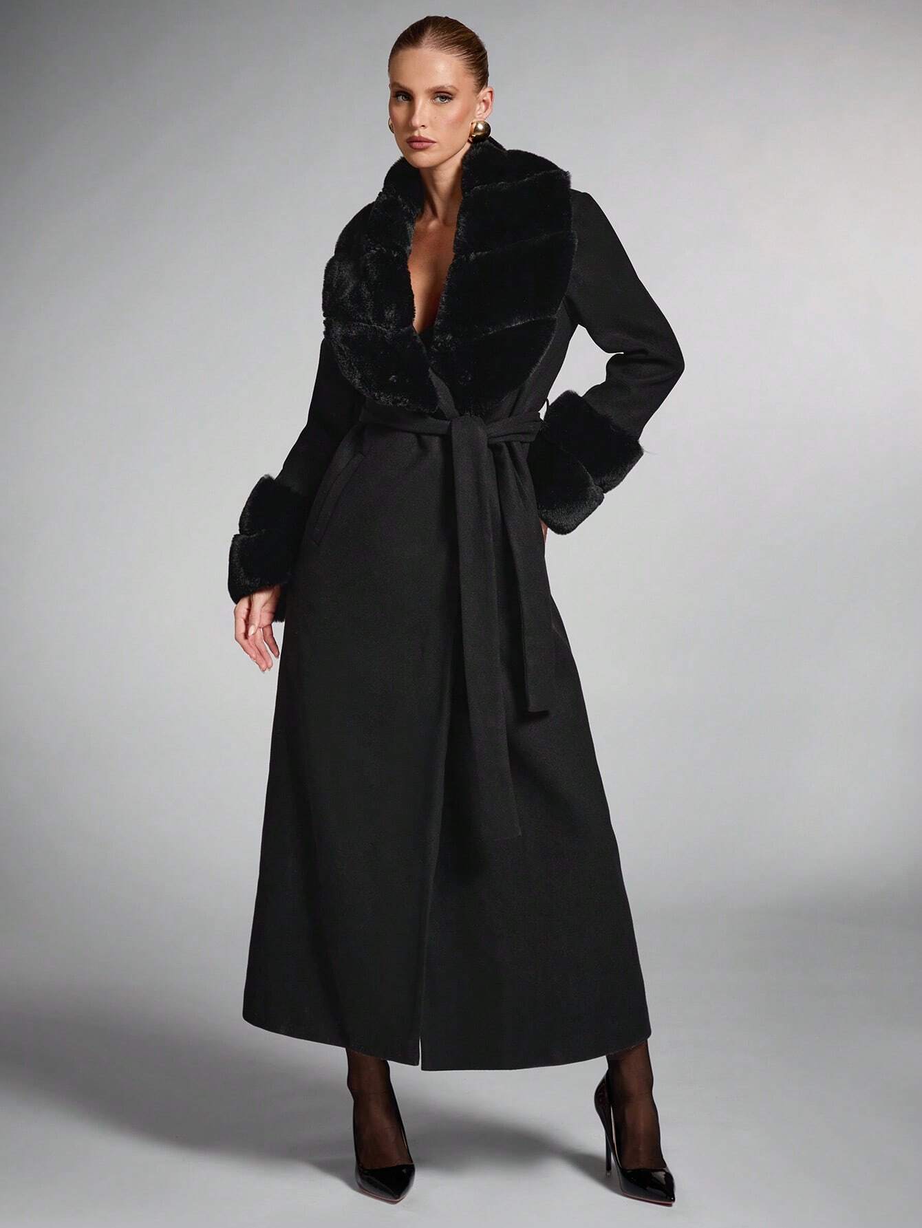 Women's Solid Color Fluffy Shawl Collar Long Sleeve Long Elegant Wool Blend Coat shein