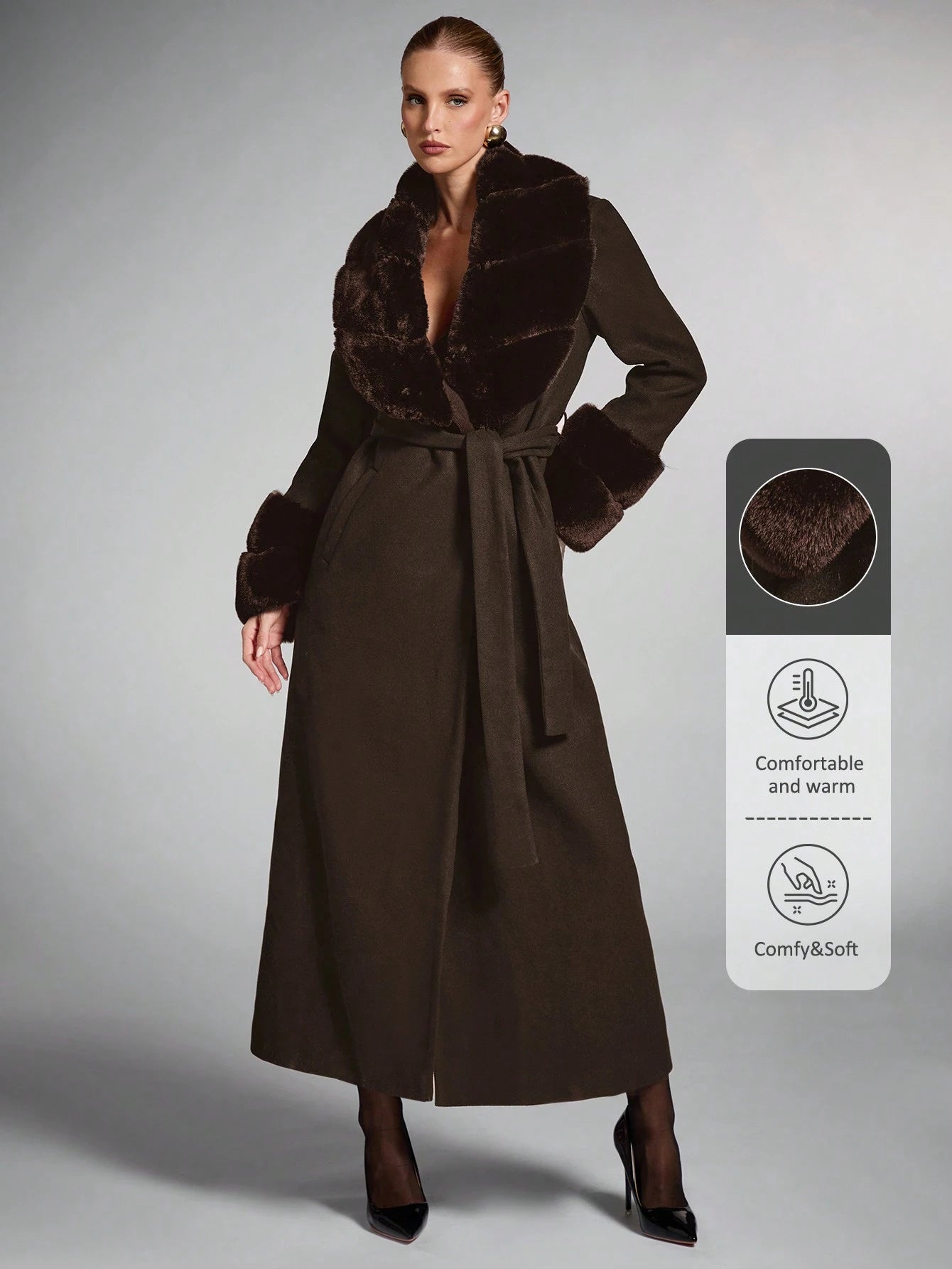 Women's Solid Color Fluffy Shawl Collar Long Sleeve Long Elegant Wool Blend Coat shein