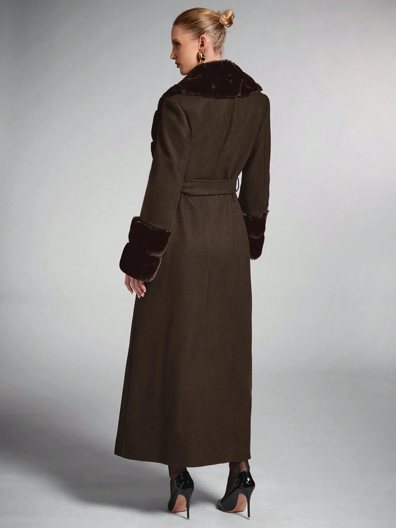 Women's Solid Color Fluffy Shawl Collar Long Sleeve Long Elegant Wool Blend Coat shein