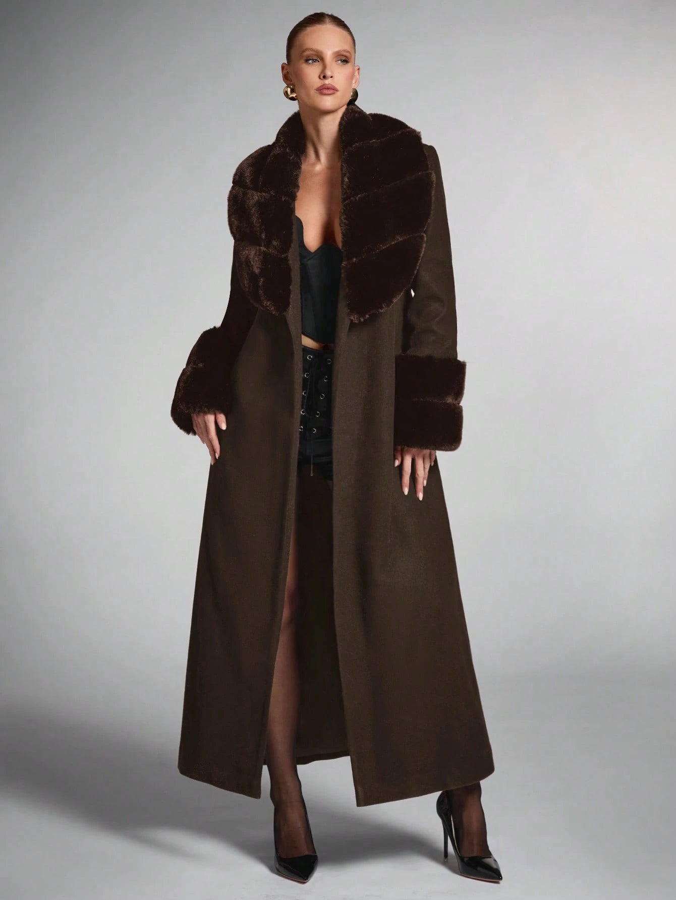 Women's Solid Color Fluffy Shawl Collar Long Sleeve Long Elegant Wool Blend Coat shein