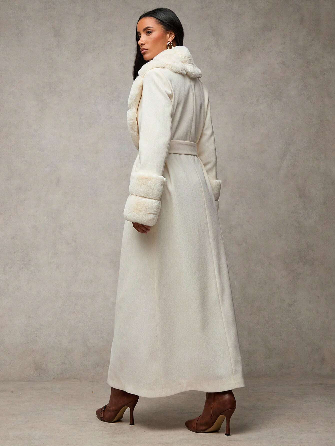 Women's Solid Color Fluffy Shawl Collar Long Sleeve Long Elegant Wool Blend Coat shein