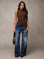 Women's Solid Color Mock Neck Pleated Fashion Versatile Camisole shein