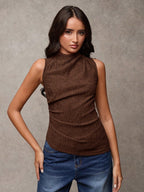 Women's Solid Color Mock Neck Pleated Fashion Versatile Camisole shein