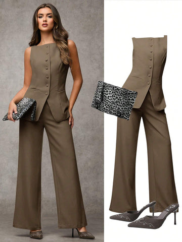 BAE Women's Solid Color Round Neck Single-Breasted Vest And Pants