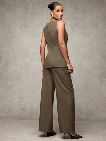 BAE Women's Solid Color Round Neck Single-Breasted Vest And Pants