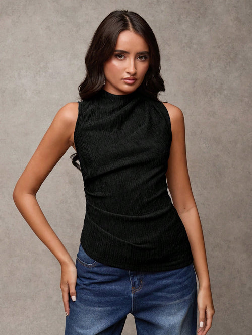 Women's Solid Color Mock Neck Pleated Fashion Versatile Camisole shein