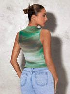 BAE Women Ombre Flower Print Asymmetric Pleated Tank Top shein