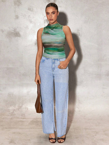 BAE Women Ombre Flower Print Asymmetric Pleated Tank Top