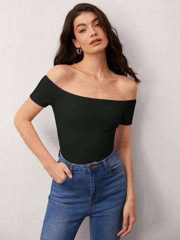 BASICS Casual Commuting Off Shoulder Solid Tee