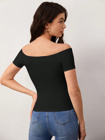 BASICS Casual Commuting Off Shoulder Solid Tee